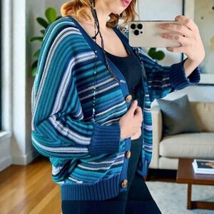 Payton Striped Blue Sweater dropped shoulder button front close 100% Cotton XL